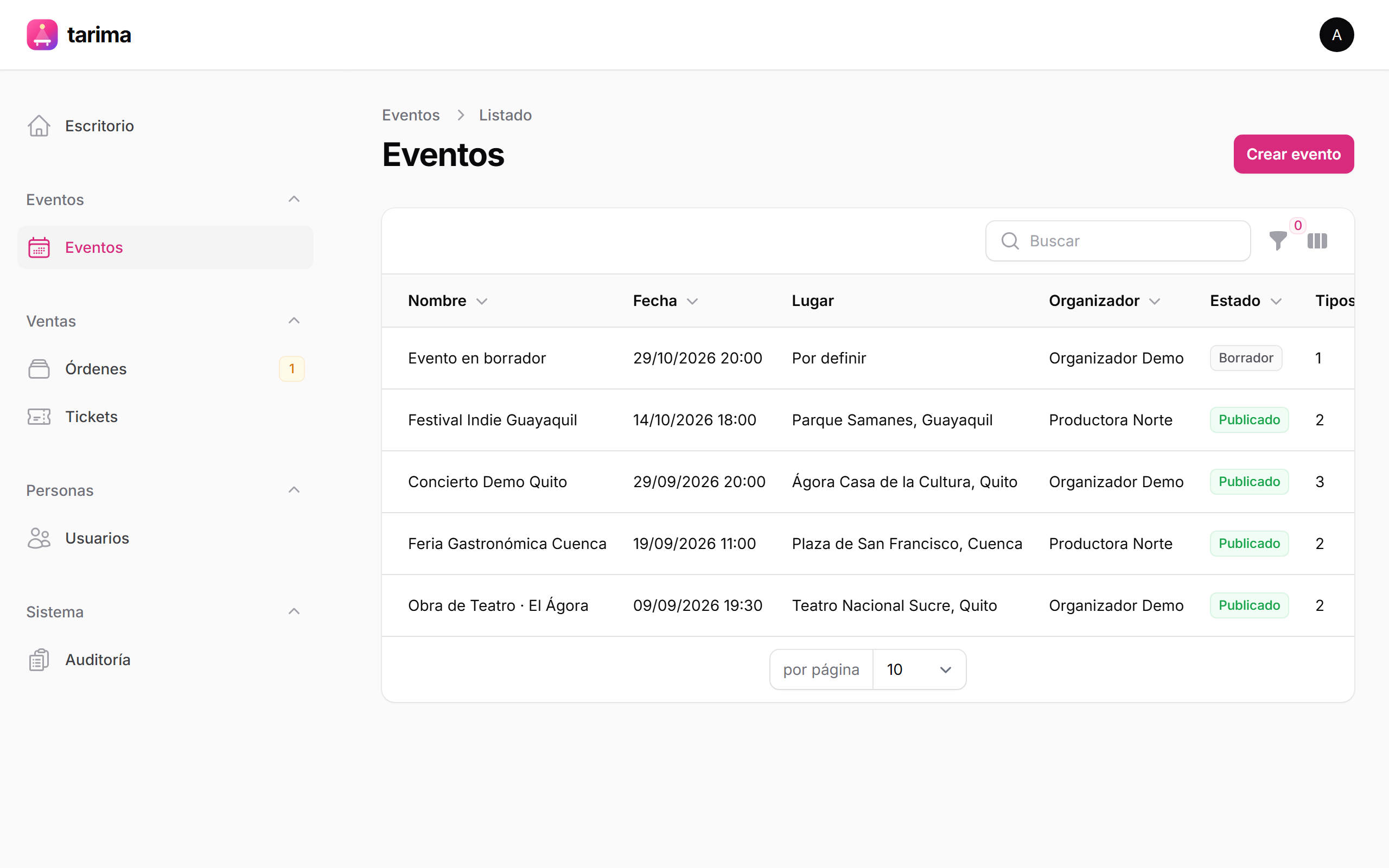 Gestión de eventos